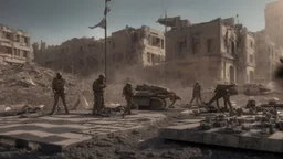 Israeli soldiers and tanks stand on a very large chessboard in the middle of a destroyed city