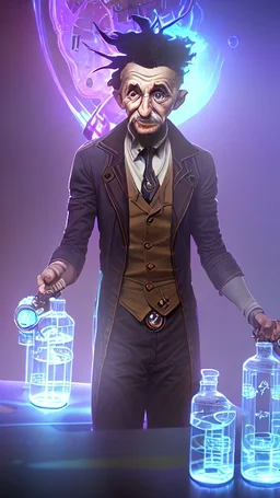 Albert Einstein, detailed and intricate calligraphy ink painting of a "cyborg Mad Scientist" holding beakers, outer space Background cosmic fractals, dystopian, concept art, unreal engine 5, god rays, ray tracing, RTX, lumen lighting, ultra detail, volumetric lighting, 3d, finely drawn, high definition, high resolution. award-winning: professional portrait: atmospheric: commanding: fantastical: clarity: 16k: ultra quality: striking: brilliance: stunning colors: amazing depth: masterfully crafted