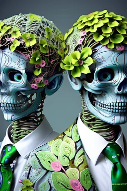 Surreal Couple Made Of Metal Skeletons With Flowering Vines Growing Through; Wearing Blue Gray Green Striped Business Suits With Paisley Shirts And Ties; Surreal, Intricately Detailed, Beautiful, Colorful