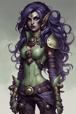 young, female humanoid githyanki. pale green body skin, big dark purple flowing hair, large dark black eyes, a few facial tatoos, pointed ears, dressed in steampunk and armor
