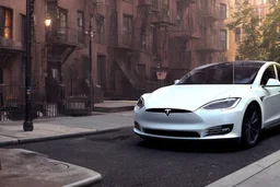 A Tesla 'Model S' is parked, in Greenwich Village, in Manhattan. CINEMATIC. WIDE ANGLE LENS. PHOTO REAL.