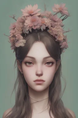 female wearing a crown of flowers, smooth big dreamy eyes, beautiful intricate colored hair, symmetrical, anime wide eyes, soft lighting, detailed face, by makoto shinkai, Stanley art germ lau, wallop, ross-draws, concept art, digital painting, looking into the camera