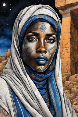 create an imaginative dynamic figure drawing of a Tuareg female, in traditional dress, with finely detailed facial features, in the ruins of Djado under the midnight sky, in the style of, Burne Hogarth, finely textured, drawn, colored, and inked