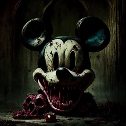 zombie mickey mouse, photorealism, movie screen capture, horror, evil, hungry, rotted