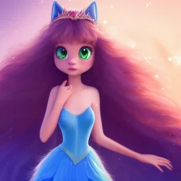 Cute beautiful princess cat girl in a fantasy world; sparkling eyes with beautiful eyelashes, magical world, extremely detailed long curly fur, high quality picture, beautiful full volumetric lighting, cinematic shimmering illumination, brilliant coloring, smooth, sharp focus, crispy quality, vray; Pixar, Disney, Artstation; HD, HDR, SF, CGSociety, 16k, photorealistic, unreal engine