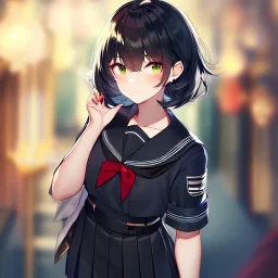 Clear focus, High resolution, fluffy black short hair, dark green eyes, wearing a black sailor uniform and pleated black skirt, fluffy hair, detailed outfit, wearing red eyelashes