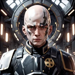 star wars bald male corellian pilot wearing pearlescent black and gunmetal grey First Order special forces heavy assault armor and helmet with gold trim inside the jedi temple, centered portrait, hyperdetailed, dynamic lighting, hyperdetailed background, 8k resolution, volumetric lighting, light skin, fully symmetric details