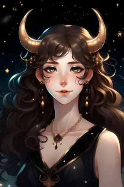 Anime portrait of a beautiful elf with brown curly hair, pale skin, and black eyes, super giant breasts, wearing a black dress made of stars with an hourglass necklace around her neck and short black horns on her head and elf years.