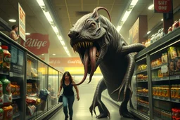 A horrific giant monstrosity abomination monster with sharp teeth, long tongue, grotesque body of slime, giant worm rodent hybrid, chasing grocery store employees down the isle, chaos and horror, cinematic body horror