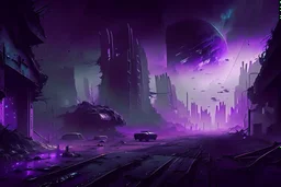 Intact & Functional Sci-fi Colony, Inside Destroyed City, Street View, Dense Purple Fog, Dead Soil, Broken Roads ,Black Night Sky, Stars, Space, Distant Alien Planets