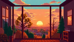 pixel art view thru a room of a town with trees in a fall season in a sunset