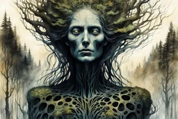 Zdzislaw Beksinski, Max Ernst, and Peter Gric style ink wash and watercolor, full body illustration of a transcendent woman , highly detailed facial features, mixed to anatomical body view, visible plant like skeletal structure, wildly flowing hair, 8k octane, all in focus, clean face, no grain, ethereal, otherworldly, Druid Forest Goddess concept art in vibrant natural autumnal colors