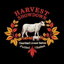 an autumn colored textured cloth embroidered ornamental leaves and cattle, pointed bottom, on dark background, embroidered text across top "HARVEST SHOWDOWN" block text, below is more embroidered text "Heartland Livestock Services" ," Futurity Heifer Show", Canadian western cowboy style