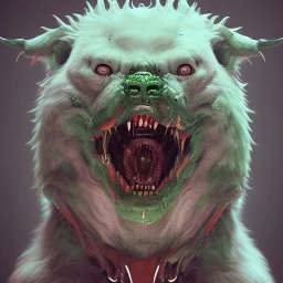 Dog, monster, green, horror, teeth, gore, blood, masterpiece, expert, 8K, hyperrealism, sharp focus, cinematic lighting