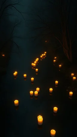 Candles floating on the water of a river , in the style of bosch nightmares , top view and there are trees on the river bank in romantic dark night view