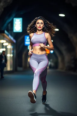 a modern city jewell lights , a beautiful fashion model lady with cute,curvy hair,makeup, in pretty sports suit is running in street ,dynamic camera fallow her inside cave capturing full body, dynamic lights.