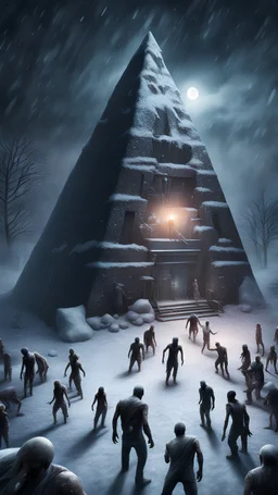 Hyper Realistic areal view of zombies outside a frozen pyramid at dark snowfall night