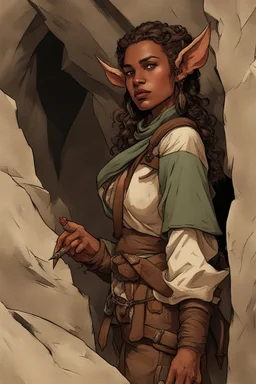 A DnD character. A female horned Tiefling ranger with pointy ears standing in a cave. The Tiefling has curly hair and a little pterosaurs on her shoulder.