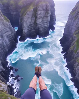 from the point of view of a rock climber, look down at the ocean rocks below as you climb high into the bluffs of ireland. holding on to the cliff face, the ocean below storms and swirls around a giant whirlpool IN THE RENAISSANCE STYLE