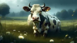 Fantasy digital illustration: old, sad cow in the meadow