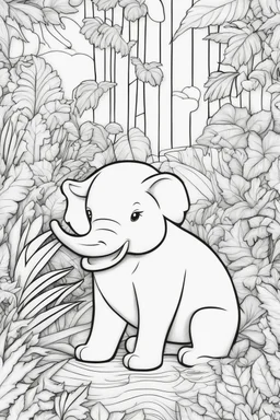 Stress Relief themed coloring page for adult, cartoon style, thick outline, No details, No shading, No colors, no background, black outline only, A cute jungle scene with playful animals and lush foliage for a calming escape