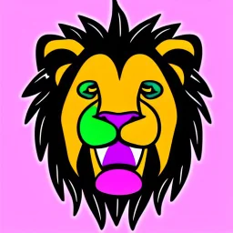 A sticker design in a minimalistic style featuring a caricature lion in vivid colors. The subject is presented alone on a neutral background.