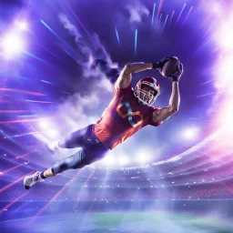 colourful rounded infinity symbol ∞ on shirt, American football player diving with an American football in both hands to score a touch down, striking, vibrant, chiaroscuro, dramatic, captivating, powerful, beautiful, octane render, 16k post-production, artstation: award-winning: atmospheric: commanding: fantastical: clarity: ultra quality: striking: brilliance: stunning colors: amazing depth; lens: f/11, 35mm