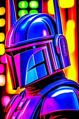The helmet of a Mandalorian, in the reflection of which you can see a bat that is close to him and is about to hit and the bright colors of a busy city. Realistic, colorless