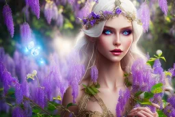 Fantasy cute elf with transparent wings, smiling, make up, long blond platinum hair, blue eyes, crown, beautiful dress, wisteria flowers and mushrooms in background, HQ, high key lighting, volumetric light high details