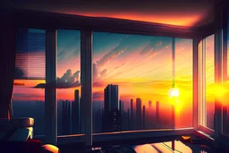 Utopian Future, Apartment Building, Moderate Living Room, Window, Fully Closed Window Blinds, Looking Outside, Dense Skyline, Mega City, Sunrise, Clear sky, Beautiful, Distant Clouds