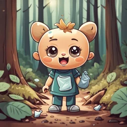 a very little Cute Figure, with cute face, collects trash in the forest, cartoon style