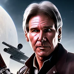 portrait of harrison ford as captain han solo, brown eyes, with realistic and albino facial skin, cinematic lighting, photorealistic, volumetric light and shadow, hyper HD, octane render, unreal engine, insanely detailed and intricate, hyper-realistic, space background, watercolour on white paper