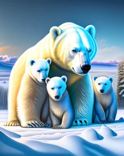 Oso polar con sus cachorros en la nieve cuerpo completo obra de arte pintura al óleo colores contrastantes nítido impactante hiperdetallado sombras 3D hiperrealista coherente clima soleado nubes iluminación cinematografica 8k