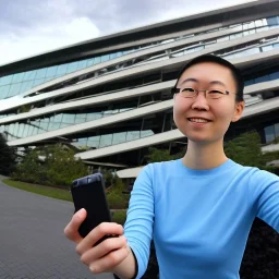 A short haired, Japanese-American female software engineer from UC Berkeley taking a selfie in front of Building 92 at Microsoft in Redmond, Washington