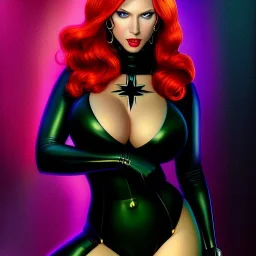 ultra detailed fullbody portrait of busty beautiful Black Widow, wearing skintight Black costume, extremely detailed digital painting, intrincate, extremely detailed smiling face,crystal clear Big Green eyes, in the style of Adam Hughes , mystical colors , perfectly centered image, perfect composition, rim light, beautiful lighting,8k, stunning scene, raytracing