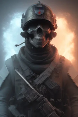 British ghost soldier, high tech skull special forces helmet, shiny platinum helmet, white smoke, dark, rage, sorrow, high definition, ultra 8 k, volumetric lighting, blue fire, fog