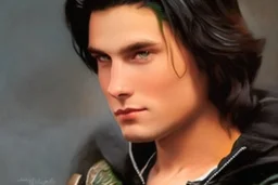 a young male with shoulder length black hair and green eyes, smirk