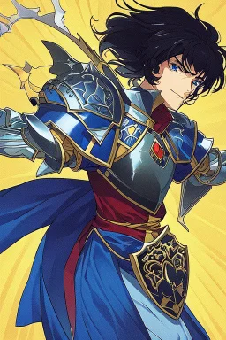 Motoko Kusanagi, clad in medieval stell plate armour, alone, blue eyes, perfect, beautiful, black hair, in the style of 90-s anime, androgynous, melancholic, moody