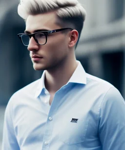 Young attractive male, blonde hair, slight beard, clear glasses, cinematic, depth of field, blue eyes