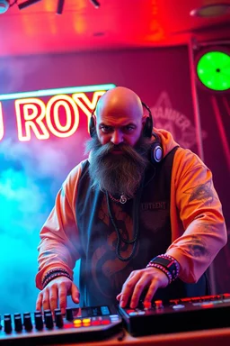 An "angry DJ" performing at dance club, his name is "Roy" Very hard looking with bald and beard, Death metal on stage, Neon lights and smog, "DJ ROY" big sign on the wall