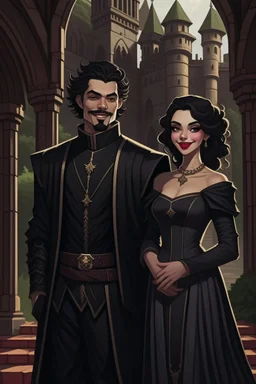 Strahd von Zarovich with a widow’s peak smiling, dressed in black and Ireena Kolyana frowning, wearing a wedding dress standing outside Castle Ravenloft in the illustrated style of dungeons and dragons