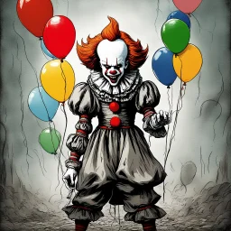 50mm Cinematic intricate photograph, Pennywise the clown from IT movie, big head, (an evil bloodthirsty grin on face), ((sharp teeth)), standing, partially surrounded by balloons, creepy light and atmosphere of horror and fear around, highest details, Nima Neemz Nakhshab movie poster