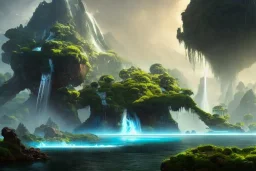 Art by Dylan cole and Eddie mendoza and darek zabrocki, Avatar concept art, pandora, hovering island with waterfall, magnificent landscape, ultra-wide angle, ultra realistic, digital painting, 8 k uhd, dynamic lighting, beautiful, sharp focus, ultra detailed, concept art