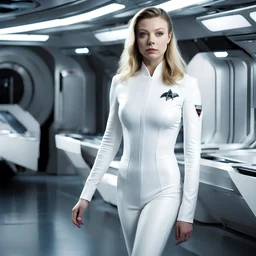 [Star Trek nurse Natalie Dormer, long straight hairs, legs] Nurse Christine Chapel, a vision of sensuality and power, steps onto the scene of the flight deck. Clad in a latex white suit that clings to every curve of her body, she exudes an otherworldly allure. The open collar reveals a hint of her smooth, flawless skin, while the short skirt leaves little to the imagination. Her white boots, reaching up to her thighs, add an element of dominance to her already commanding presence. The white medi