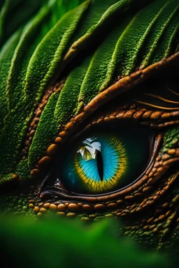 Giant dragon eye peaking from a lush brush, macro lens, extreme detailed, photorealistic, cinematic lights, luminous eye, striking contrast, exquisite clarity