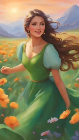 Embracing the vibrant colors of nature, a determined girl in a flowing green dress fearlessly races through a breathtaking field of blooming flowers, embodying the spirit of endless possibilities and the joy of pursuing one's dreams.