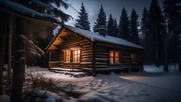 log cabin in a snowy woods at dusk
