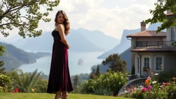 image of a very beautiful lady with beautiful velvet midi dark cian, lace skirt and pretty same material top with curvy hair high heels standing in a nice villa yard with trees flowers ,in country side in floor of beautiful mountains ,sea with ships ,water falls,16 by 9