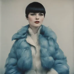 Actress Louise Brooks, blue, autochrome, plastic puffy jacket
