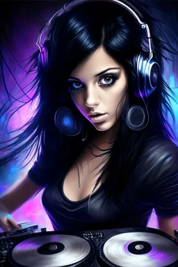 Raven Haired Grey eyed Beautiful DJ girl spinning tunes at a disco club